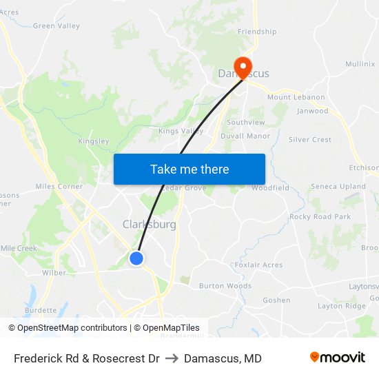 Frederick Rd & Rosecrest Dr to Damascus, MD map