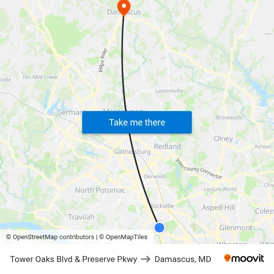 Tower Oaks Blvd & Preserve Pkwy to Damascus, MD map