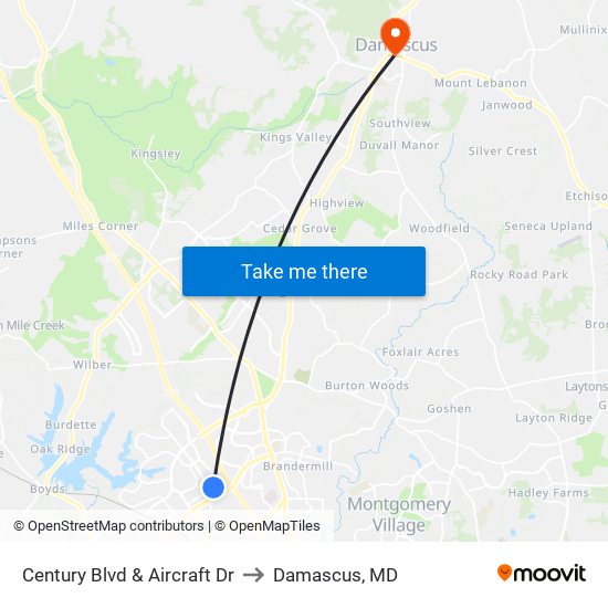 Century Blvd & Aircraft Dr to Damascus, MD map