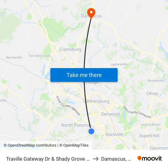 Traville Gateway Dr & Shady Grove Rd to Damascus, MD map