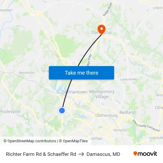 Richter Farm Rd & Schaeffer Rd to Damascus, MD map