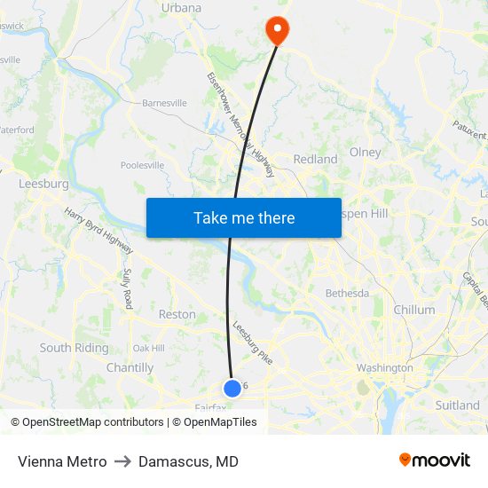 Vienna Metro to Damascus, MD map