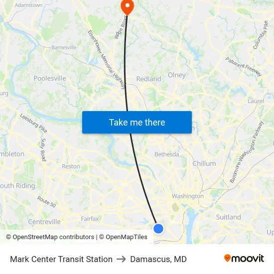 Mark Center Transit Station to Damascus, MD map