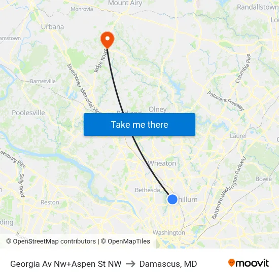 Georgia Av Nw+Aspen St NW to Damascus, MD map