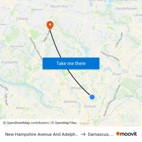 New Hampshire Avenue And Adelphi Road to Damascus, MD map