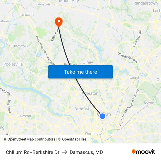 Chillum Rd+Berkshire Dr to Damascus, MD map