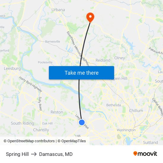 Spring Hill to Damascus, MD map