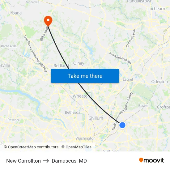 New Carrollton to Damascus, MD map
