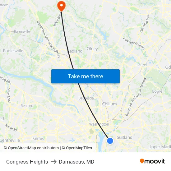 Congress Heights to Damascus, MD map