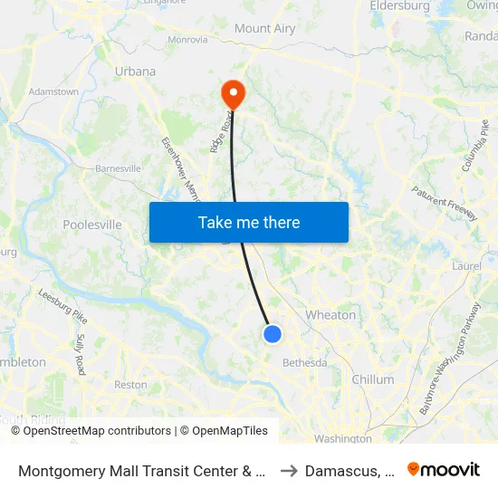 Montgomery Mall Transit Center & Bay A to Damascus, MD map