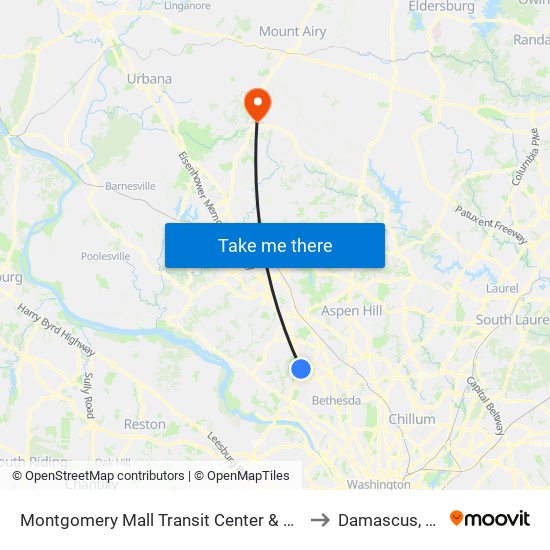 Montgomery Mall Transit Center & Bay B to Damascus, MD map