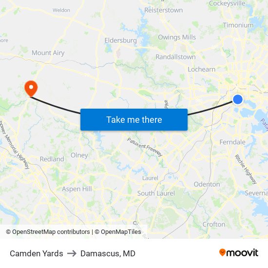 Camden Yards to Damascus, MD map