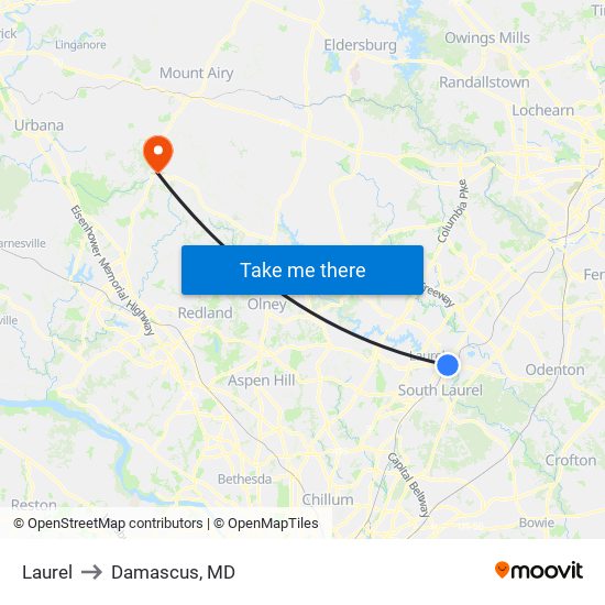 Laurel to Damascus, MD map