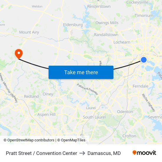 Pratt Street / Convention Center to Damascus, MD map