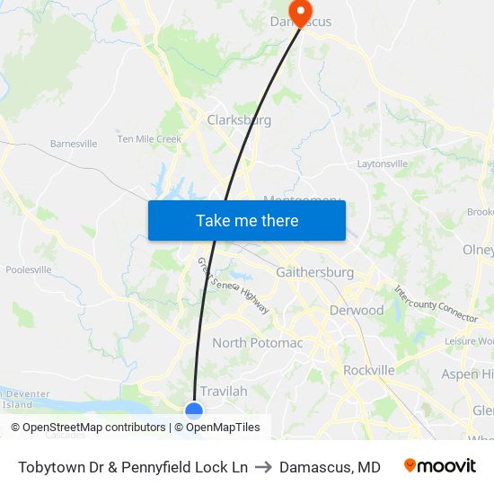 Tobytown Dr & Pennyfield Lock Ln to Damascus, MD map