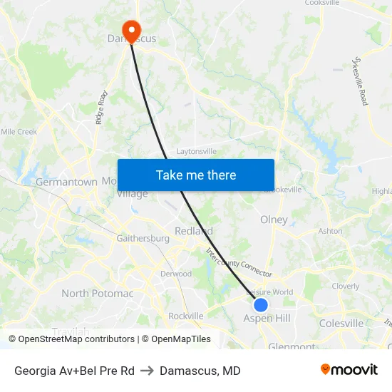 Georgia Av+Bel Pre Rd to Damascus, MD map
