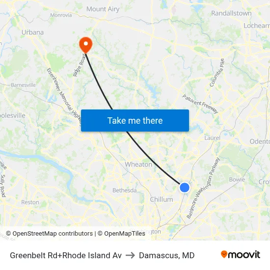 Greenbelt Rd+Rhode Island Av to Damascus, MD map