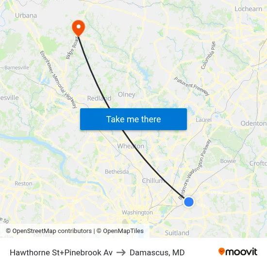 Hawthorne St+Pinebrook Av to Damascus, MD map