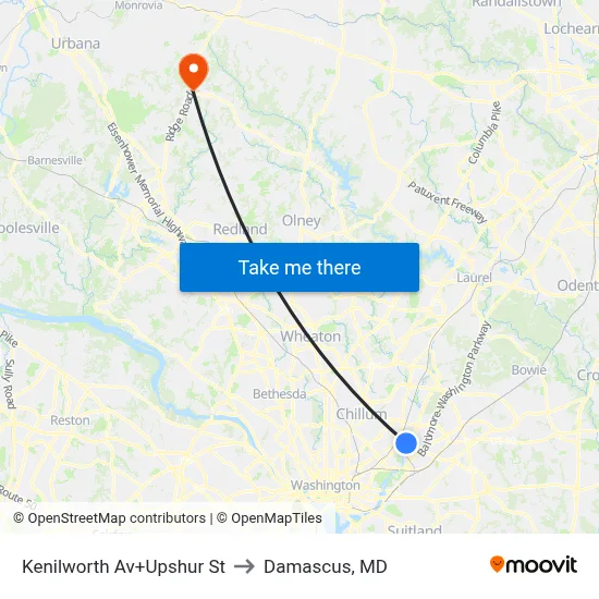 Kenilworth Av+Upshur St to Damascus, MD map