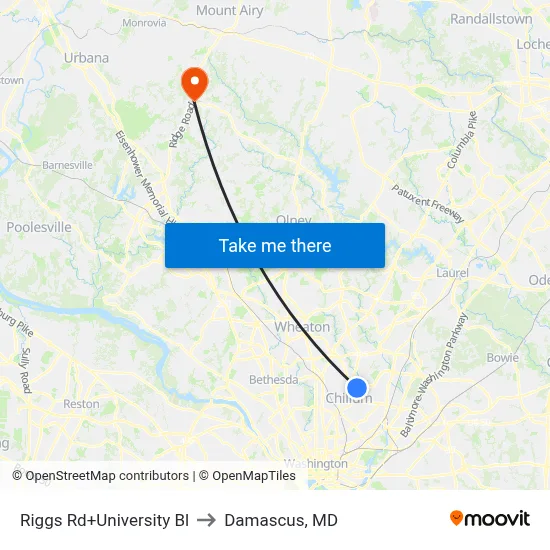 Riggs Rd+University Bl to Damascus, MD map