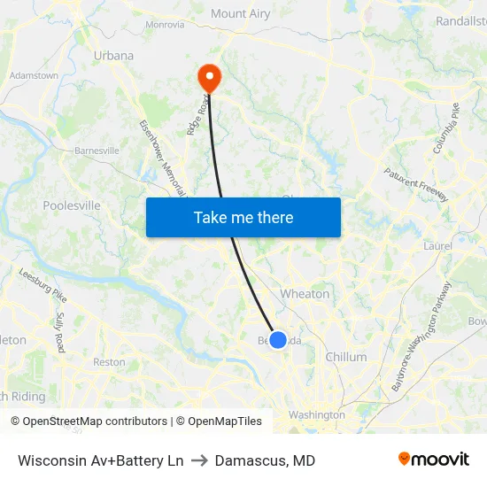 Wisconsin Av+Battery Ln to Damascus, MD map