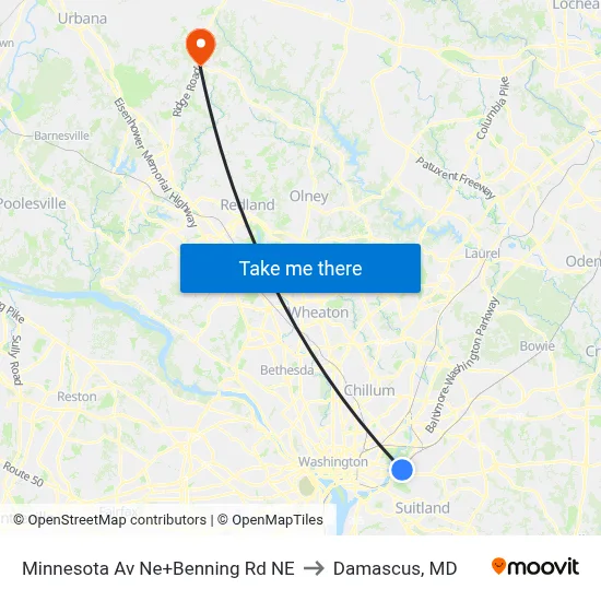 Minnesota Av Ne+Benning Rd NE to Damascus, MD map