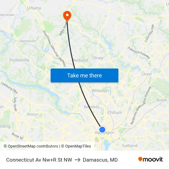 Connecticut Av Nw+R St NW to Damascus, MD map