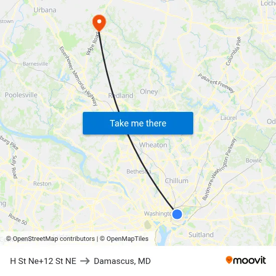 H St Ne+12 St NE to Damascus, MD map