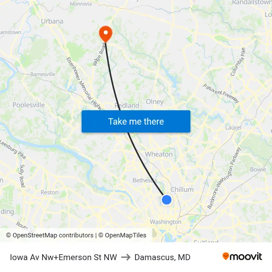 Iowa Av Nw+Emerson St NW to Damascus, MD map