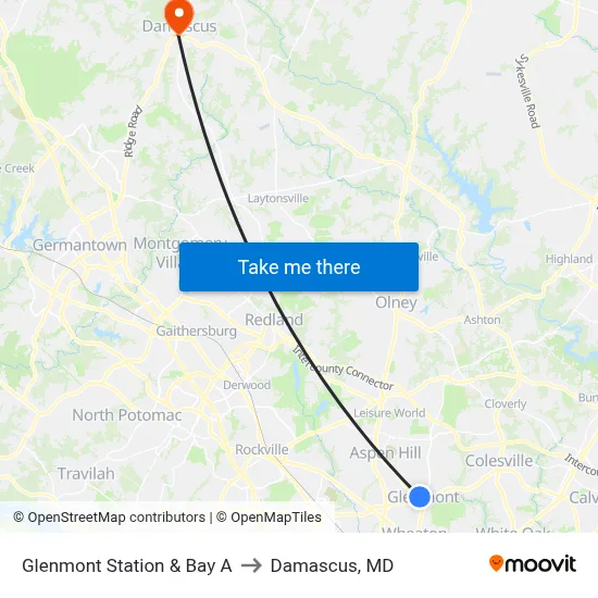 Glenmont Station & Bay A to Damascus, MD map