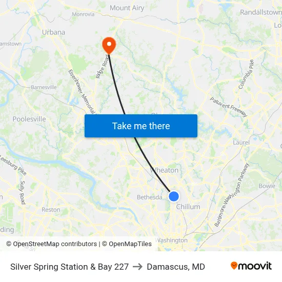 Silver Spring Station & Bay 227 to Damascus, MD map