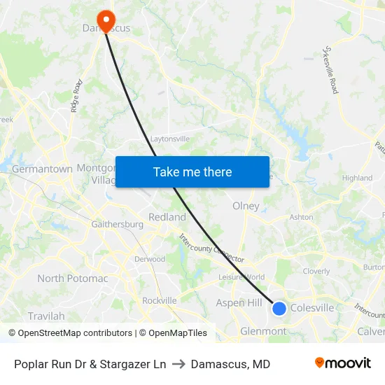 Poplar Run Dr & Stargazer Ln to Damascus, MD map