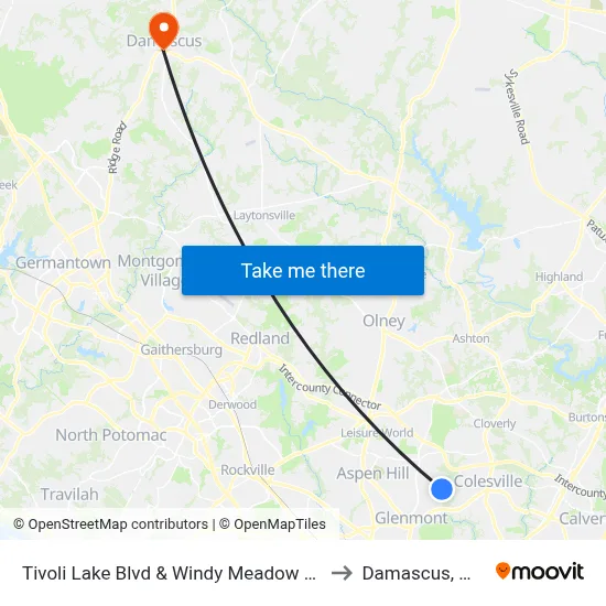 Tivoli Lake Blvd & Windy Meadow Ln to Damascus, MD map