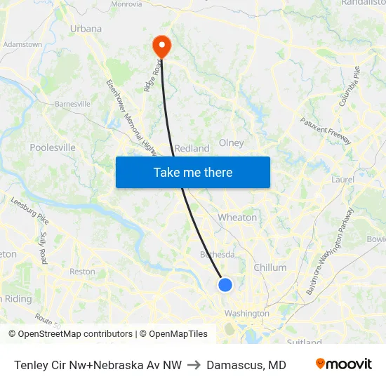 Tenley Cir Nw+Nebraska Av NW to Damascus, MD map