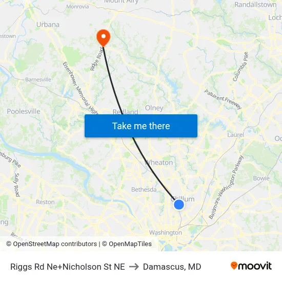 Riggs Rd Ne+Nicholson St NE to Damascus, MD map