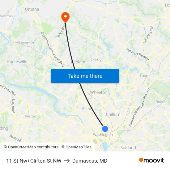 11 St Nw+Clifton St NW to Damascus, MD map