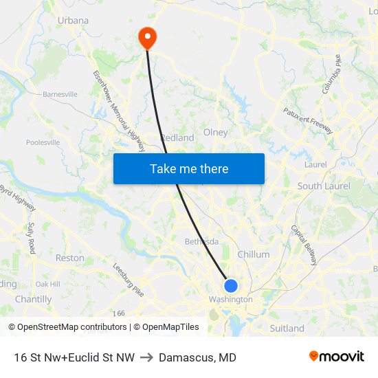 16 St Nw+Euclid St NW to Damascus, MD map