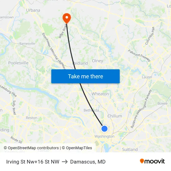 Irving St Nw+16 St NW to Damascus, MD map