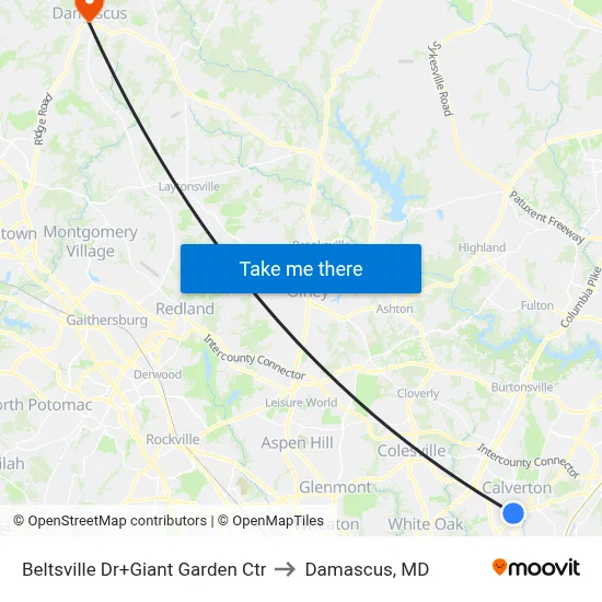 Beltsville Dr+Giant Garden Ctr to Damascus, MD map