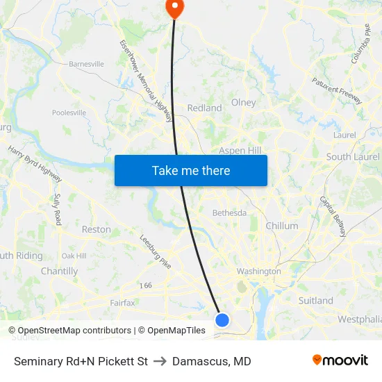 Seminary Rd+N Pickett St to Damascus, MD map