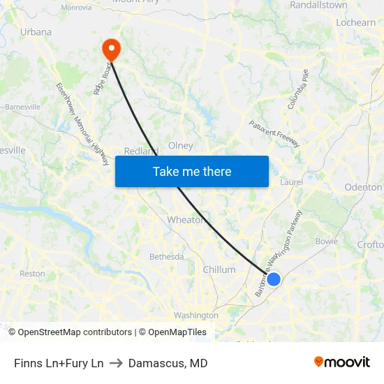 Finns Ln+Fury Ln to Damascus, MD map