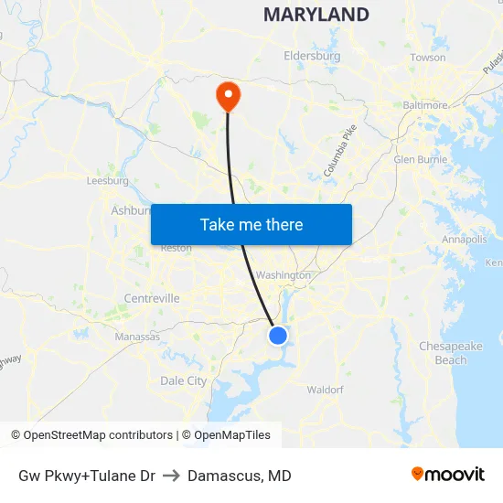 Gw Pkwy+Tulane Dr to Damascus, MD map