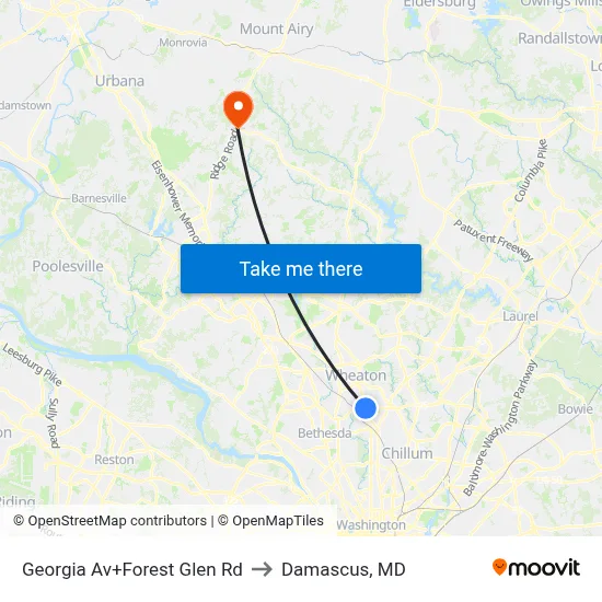 Georgia Av+Forest Glen Rd to Damascus, MD map