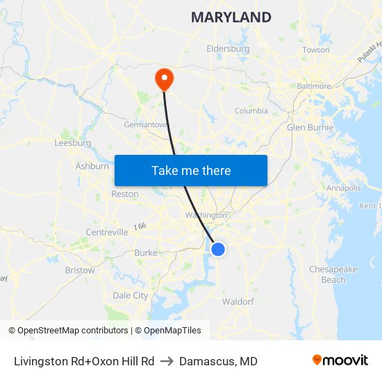 Livingston Rd+Oxon Hill Rd to Damascus, MD map