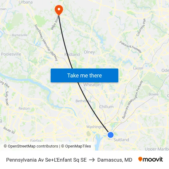 Pennsylvania Av Se+L'Enfant Sq SE to Damascus, MD map