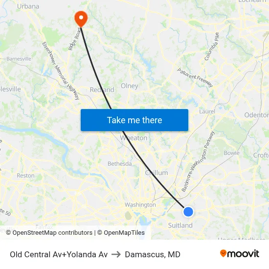 Old Central Av+Yolanda Av to Damascus, MD map