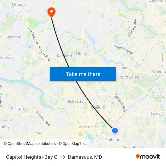 Capitol Heights+Bay C to Damascus, MD map