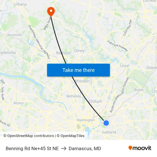 Benning Rd Ne+45 St NE to Damascus, MD map