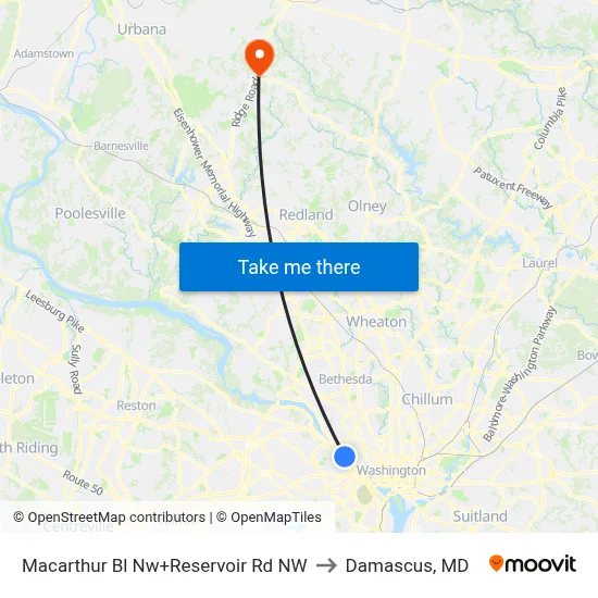 Macarthur Bl Nw+Reservoir Rd NW to Damascus, MD map