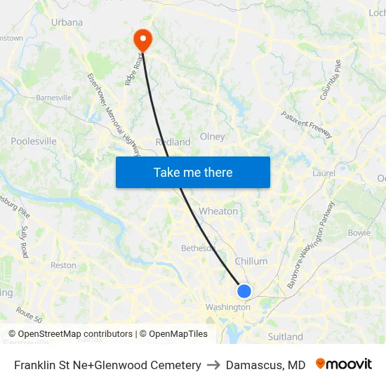 Franklin St Ne+Glenwood Cemetery to Damascus, MD map